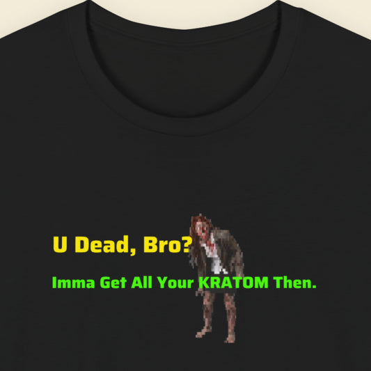 Black t-shirt with pixelated graphic and text on a beige background.
