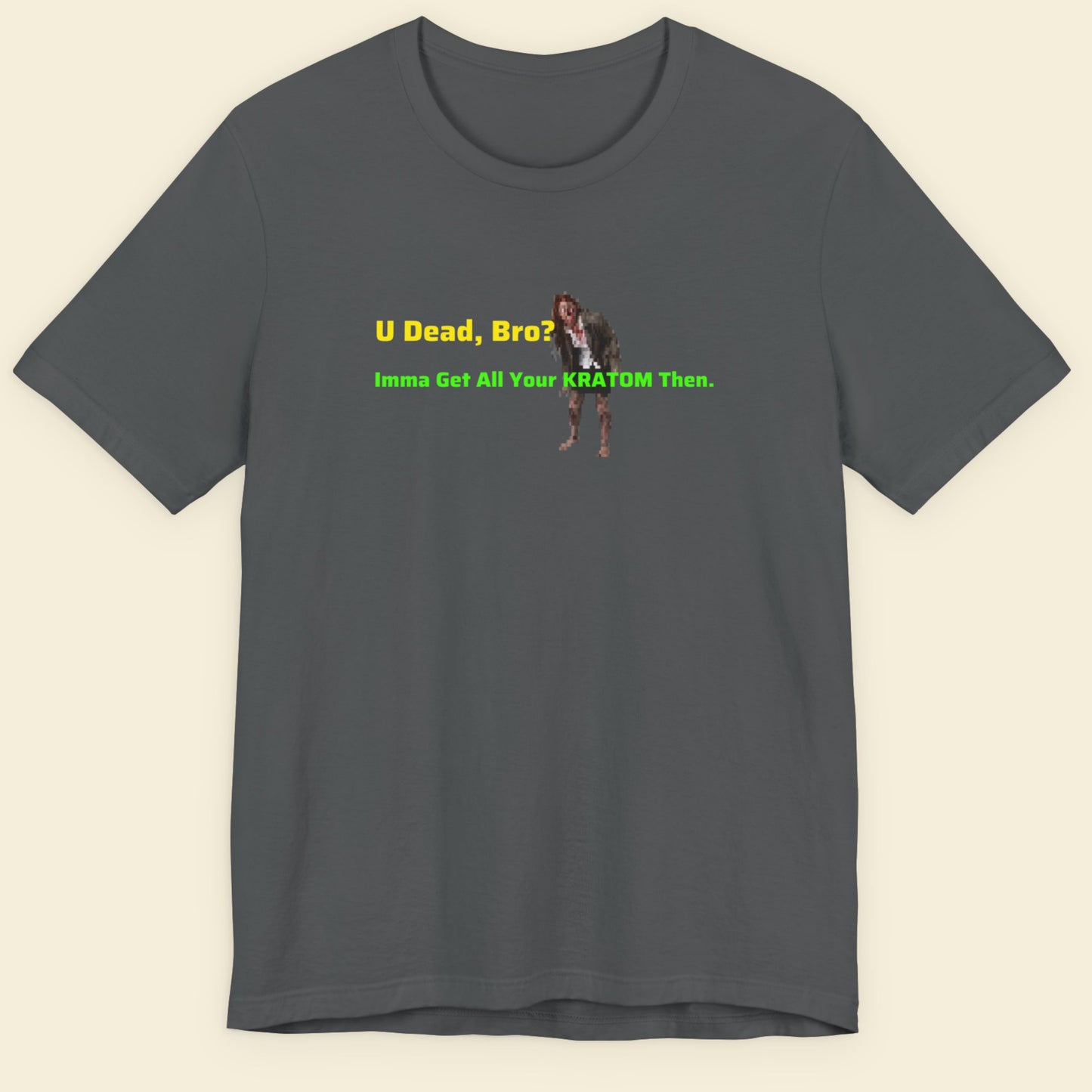 Gray t-shirt with text and graphic on a beige background.