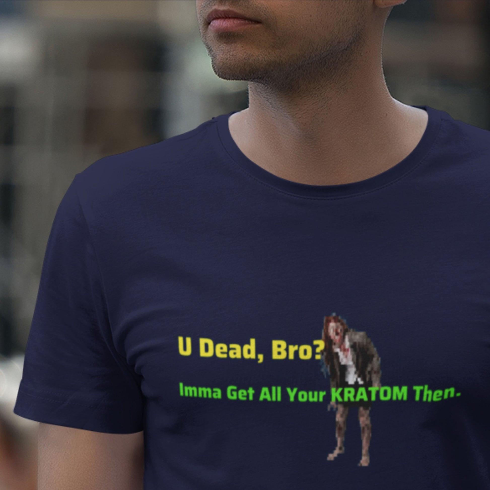 Person wearing a navy blue t-shirt with a graphic and text.