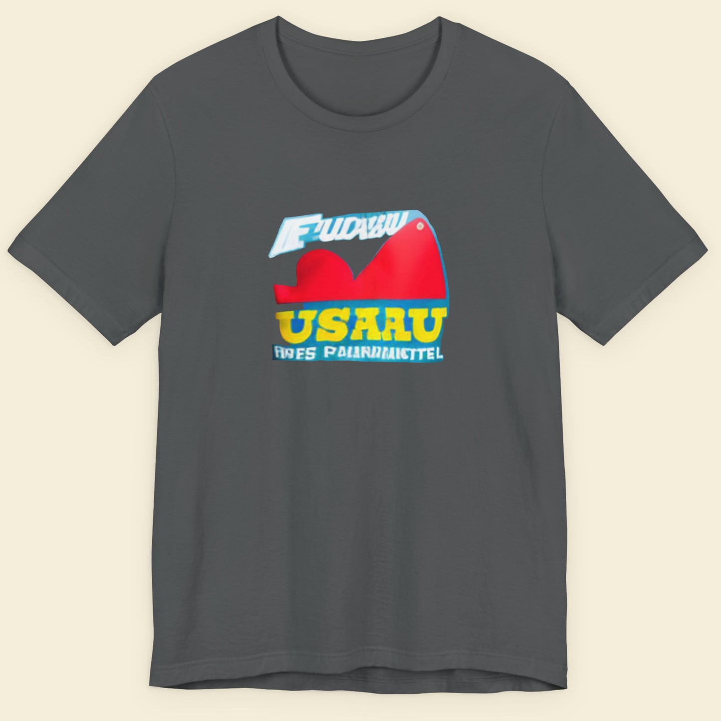 Dark grey t-shirt with a fun, colorful abstract cartoon illustration on a beige background.