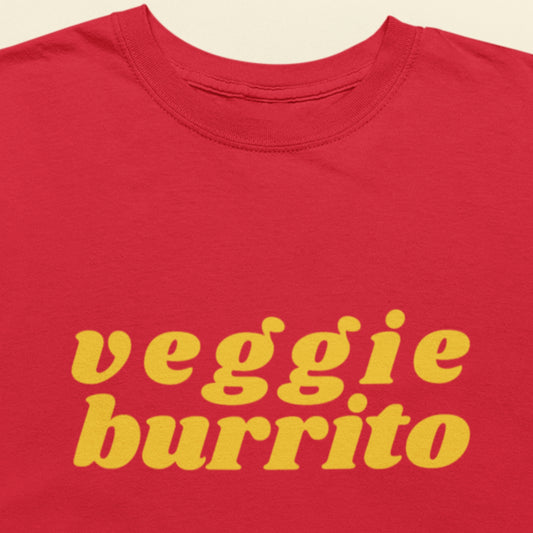 red shirt with funky 70's style font saying 'veggie burrito'