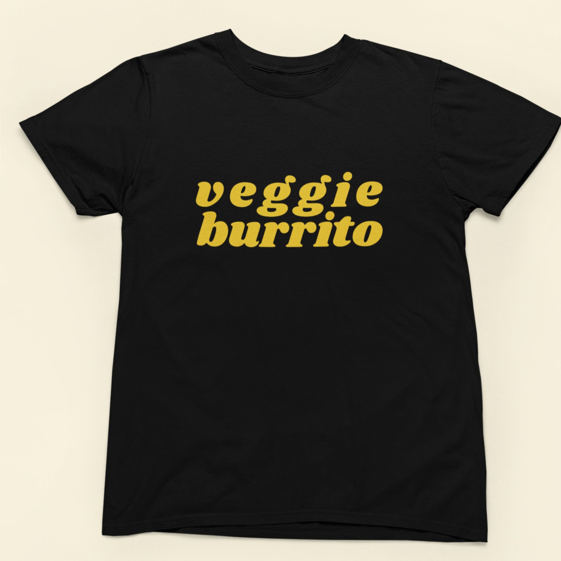 black shirt with funky 70's style font saying 'veggie burrito'