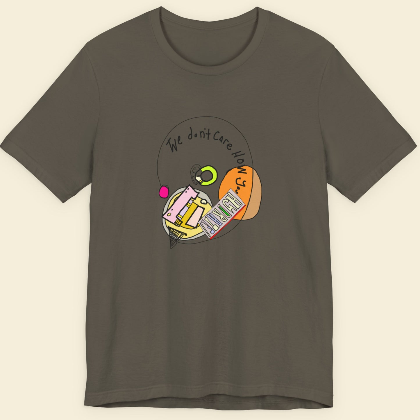 Army green t-shirt with a colorful abstract drawing on a beige background.