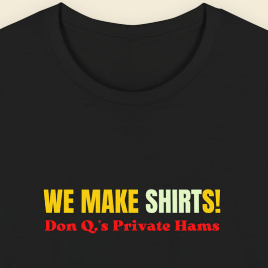 Black t-shirt with colorful text on a beige background