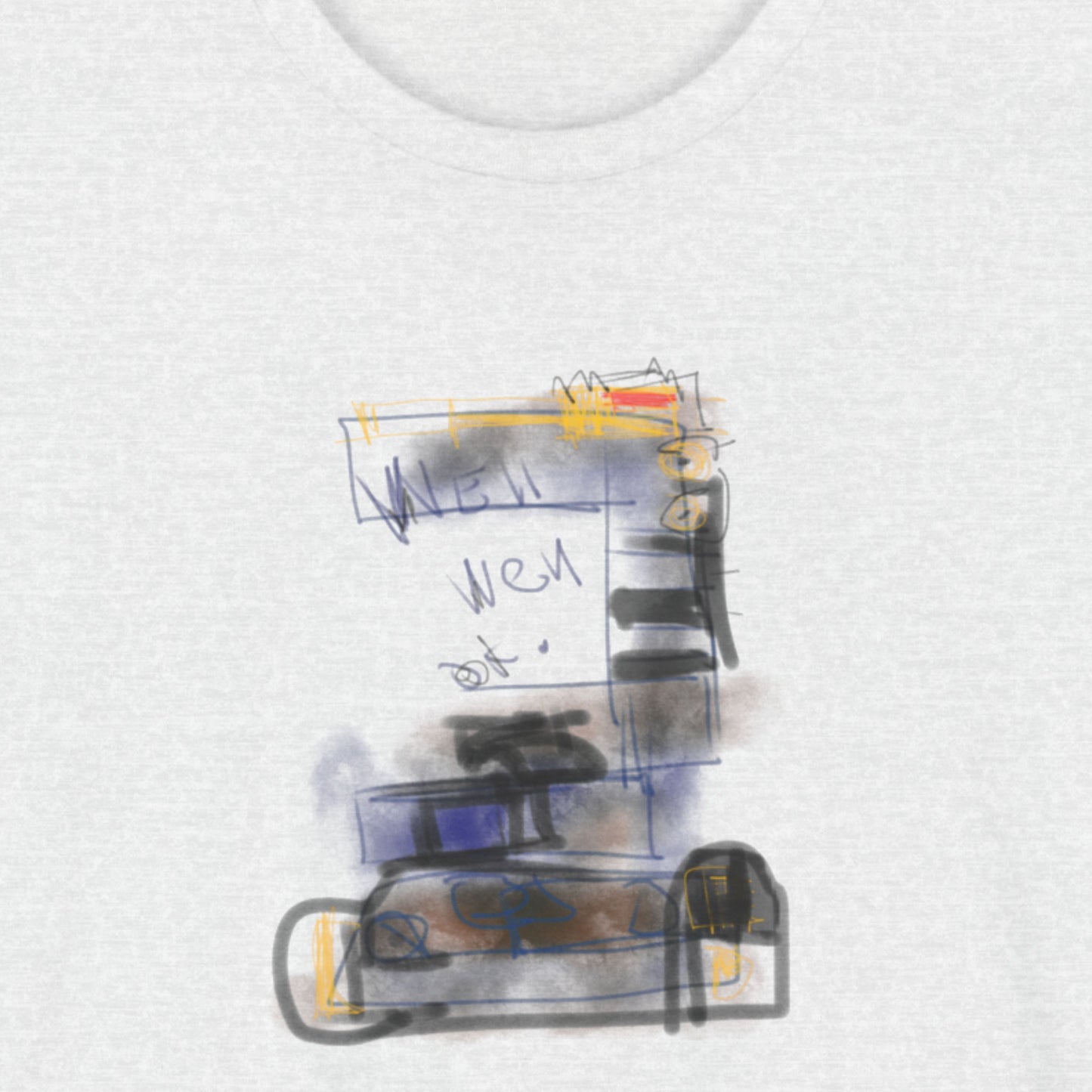 Ash grey t-shirt with a colorful abstract drawing.