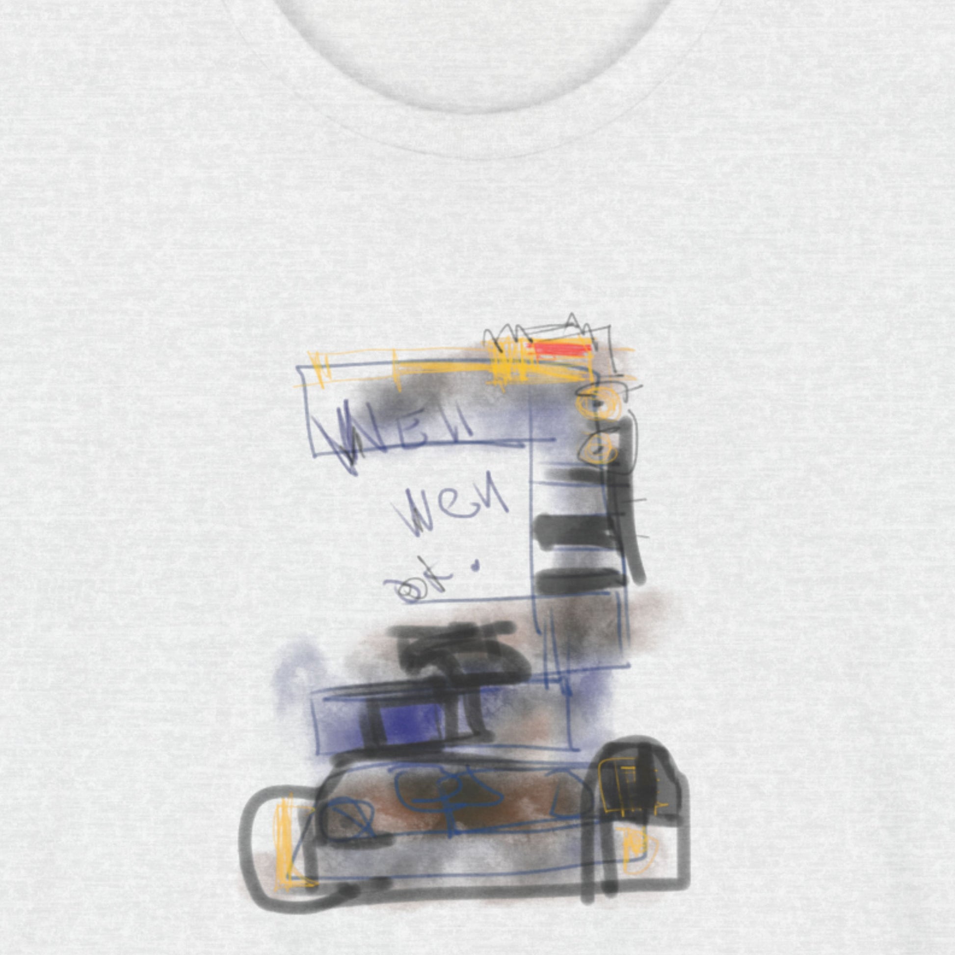 Ash grey t-shirt with a colorful abstract drawing.