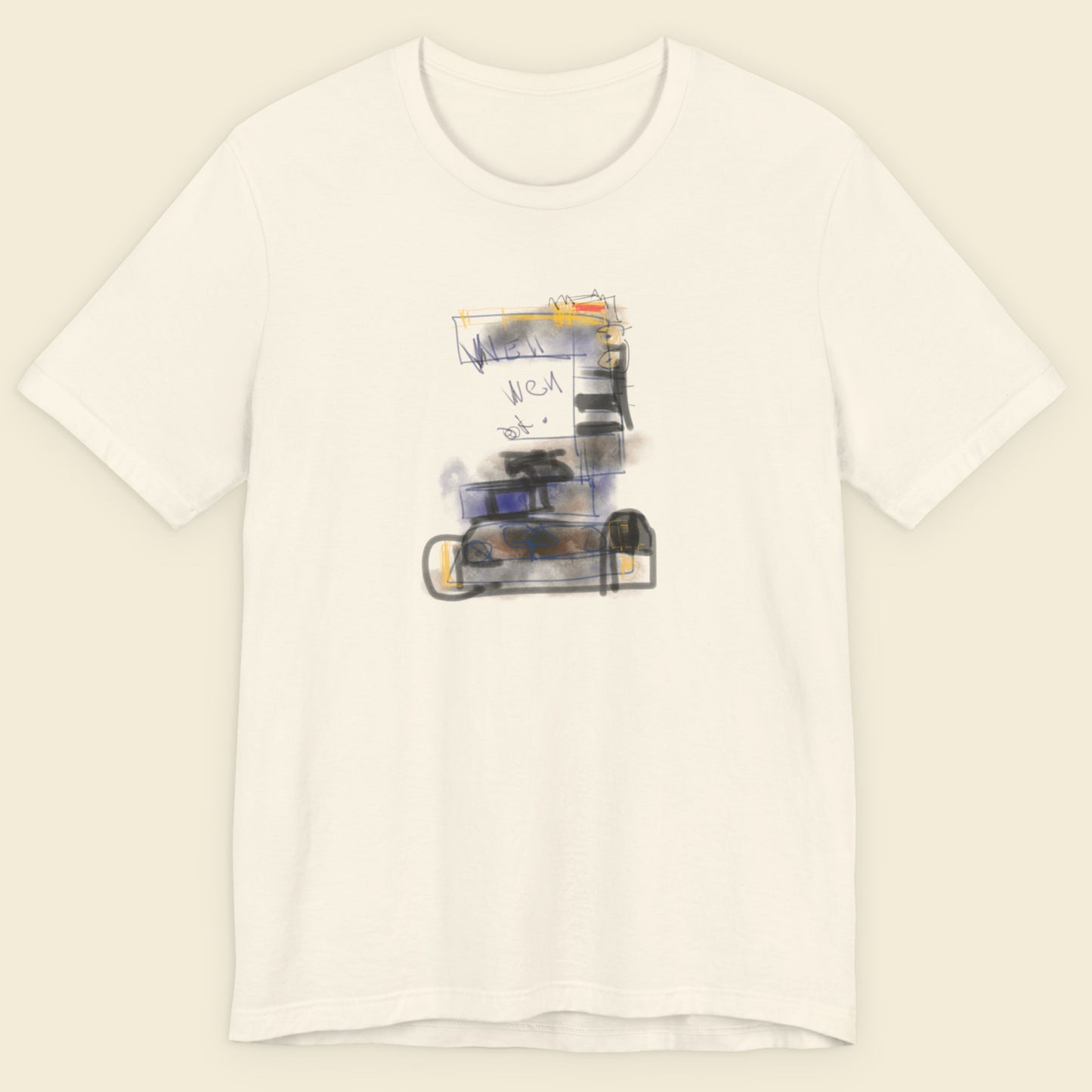 Off-White t-shirt with an abstract drawing on a beige background.