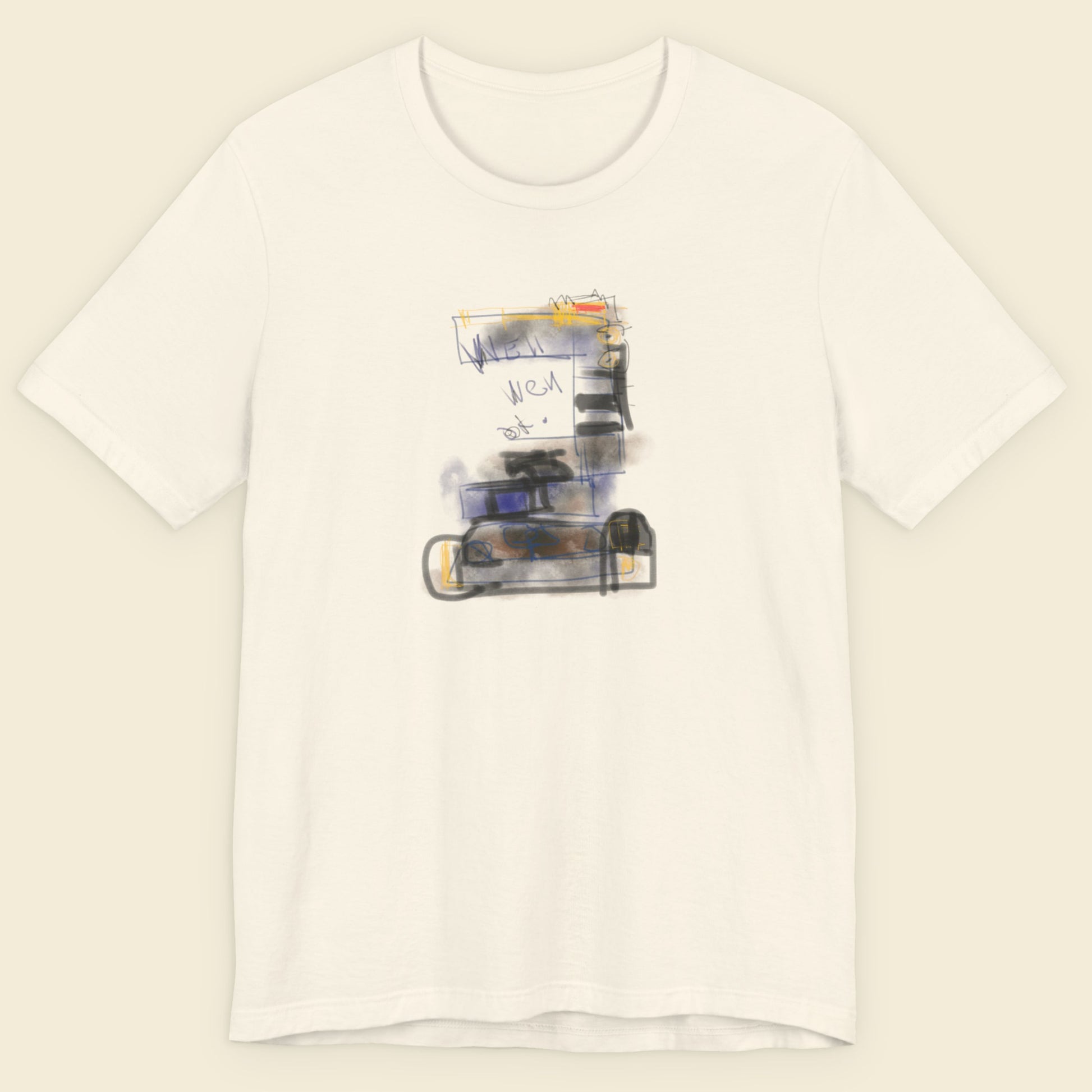 Off-White t-shirt with an abstract drawing on a beige background.