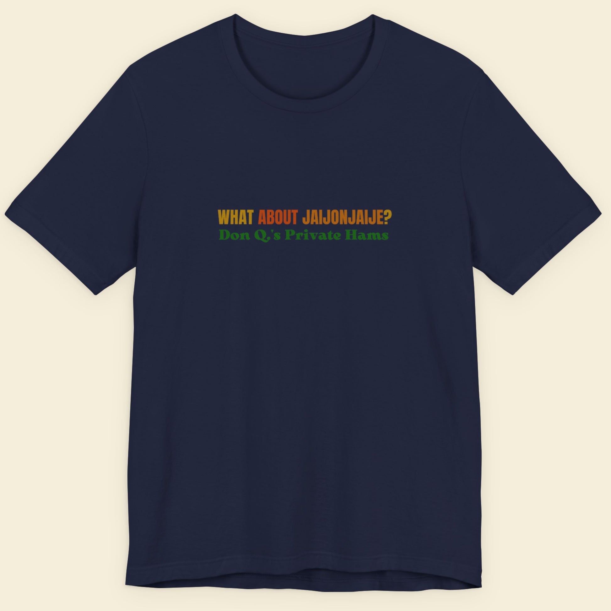 Navy blue t-shirt with colorful text on a beige background
