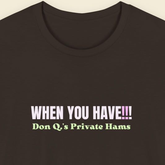 Brown t-shirt with colorful nonsensical text on a beige background.