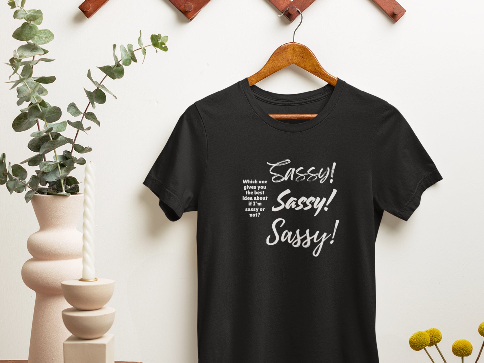Black t-shirt with 'Sassy!' text on a wooden hanger against a white wall.