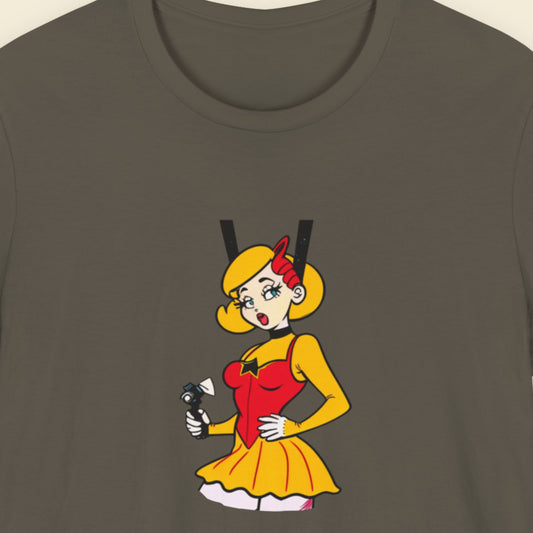 Army green t-shirt with a fun, colorful cartoon illustration on a beige background.