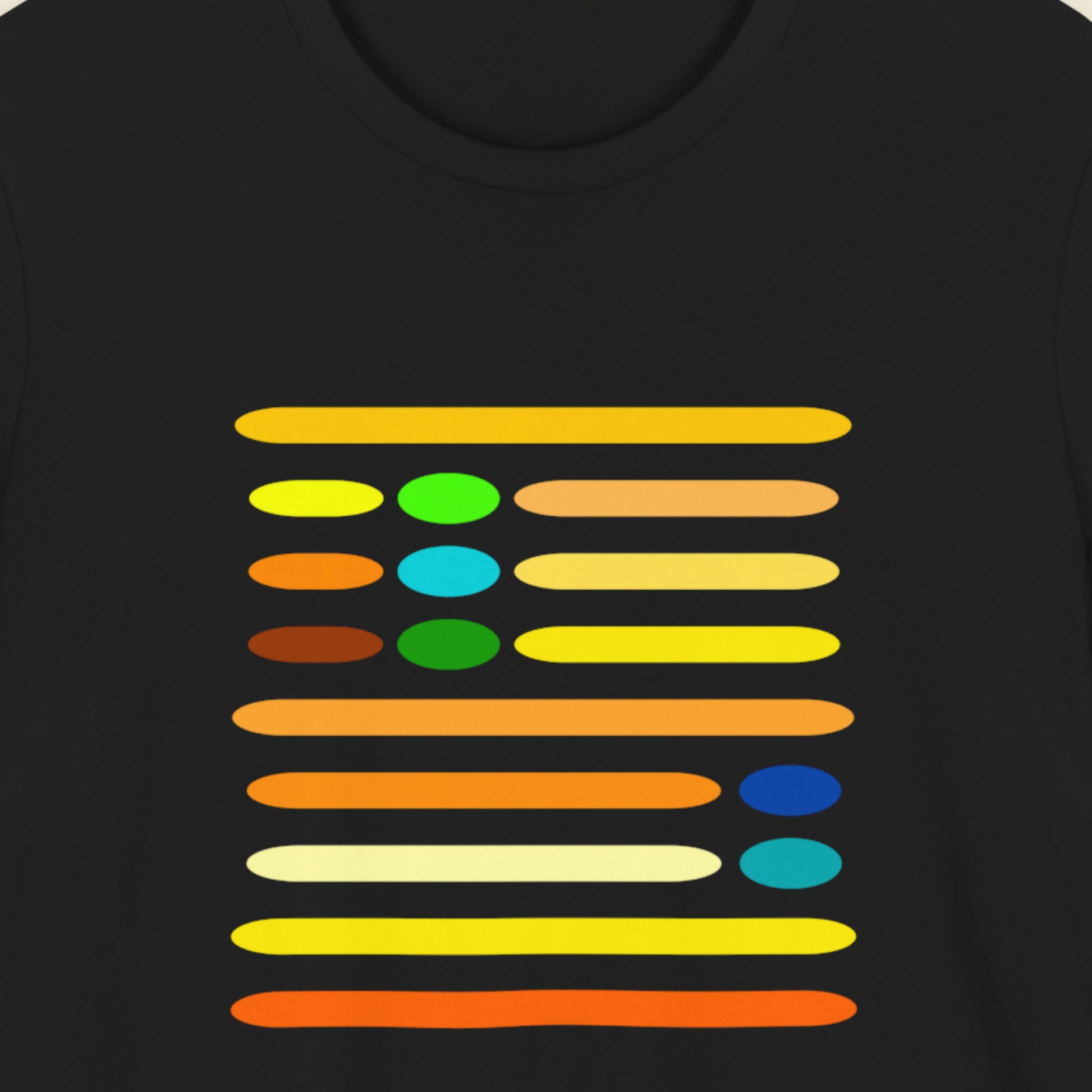 Black t-shirt with colorful horizontal stripes and dots design.