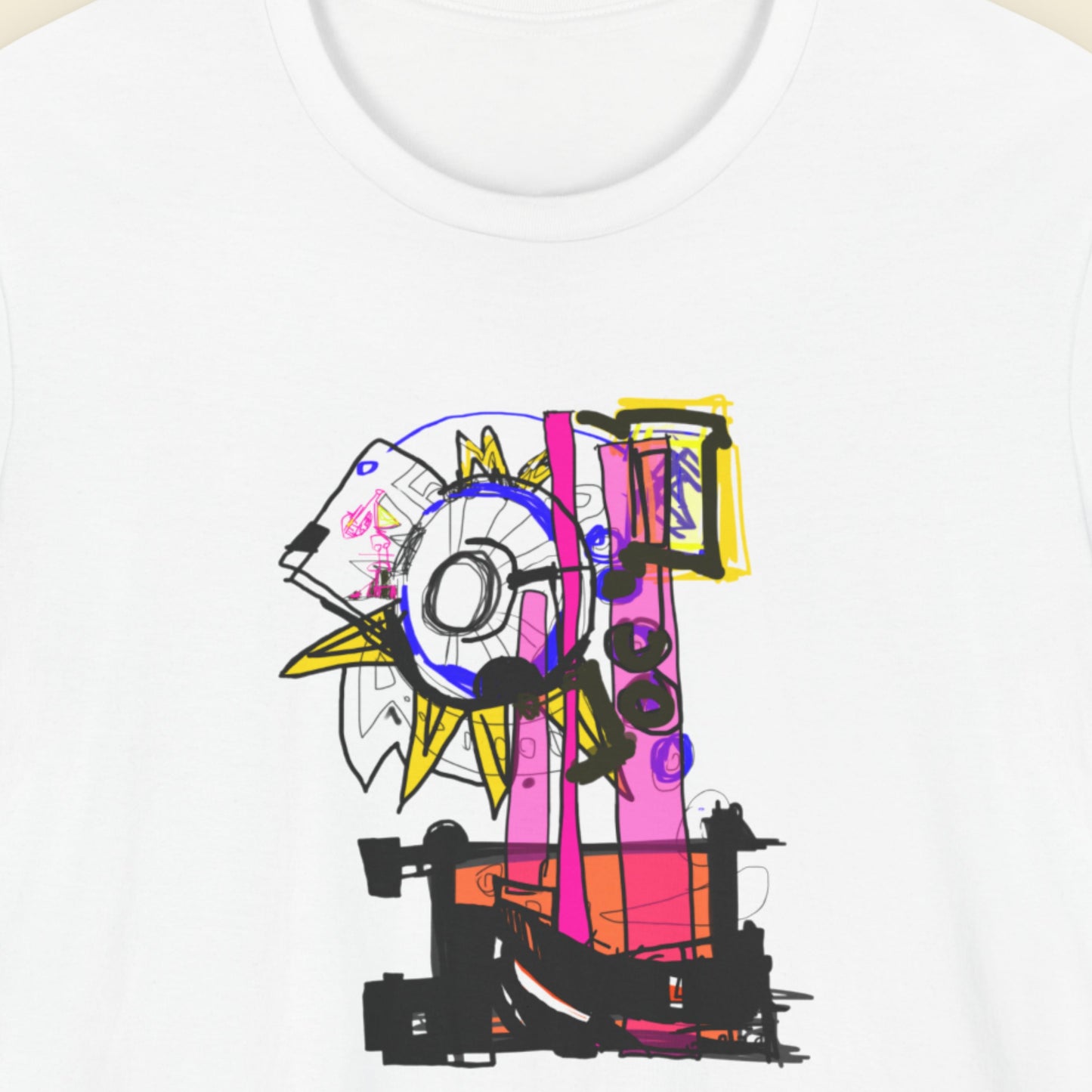Colorful abstract design on a white t-shirt.