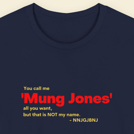 Navy blue t-shirt with red and yellow text on a beige background.