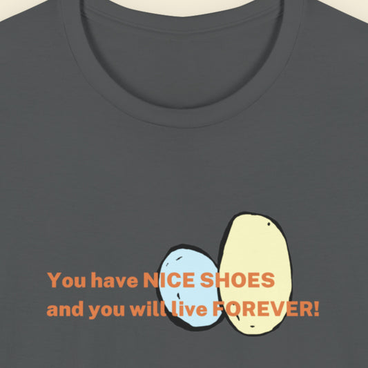 Dark gray t-shirt with a cartoon drawing and text on a beige background.