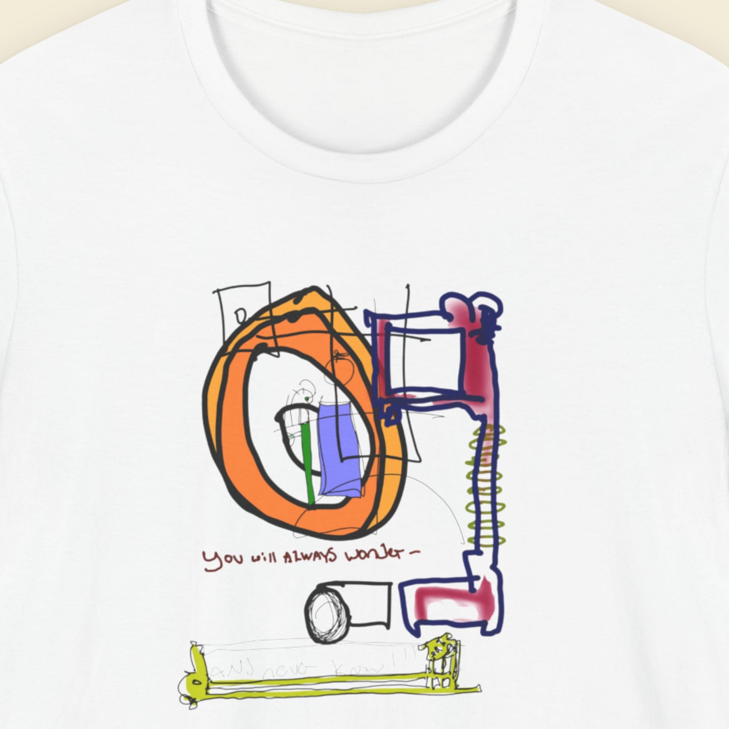 White t-shirt with colorful abstract design and text on a beige background.
