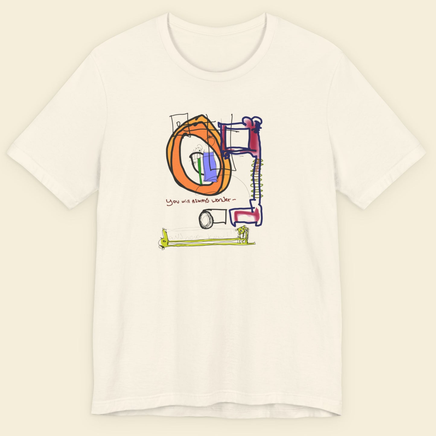 Off-White t-shirt with colorful abstract design on a beige background.
