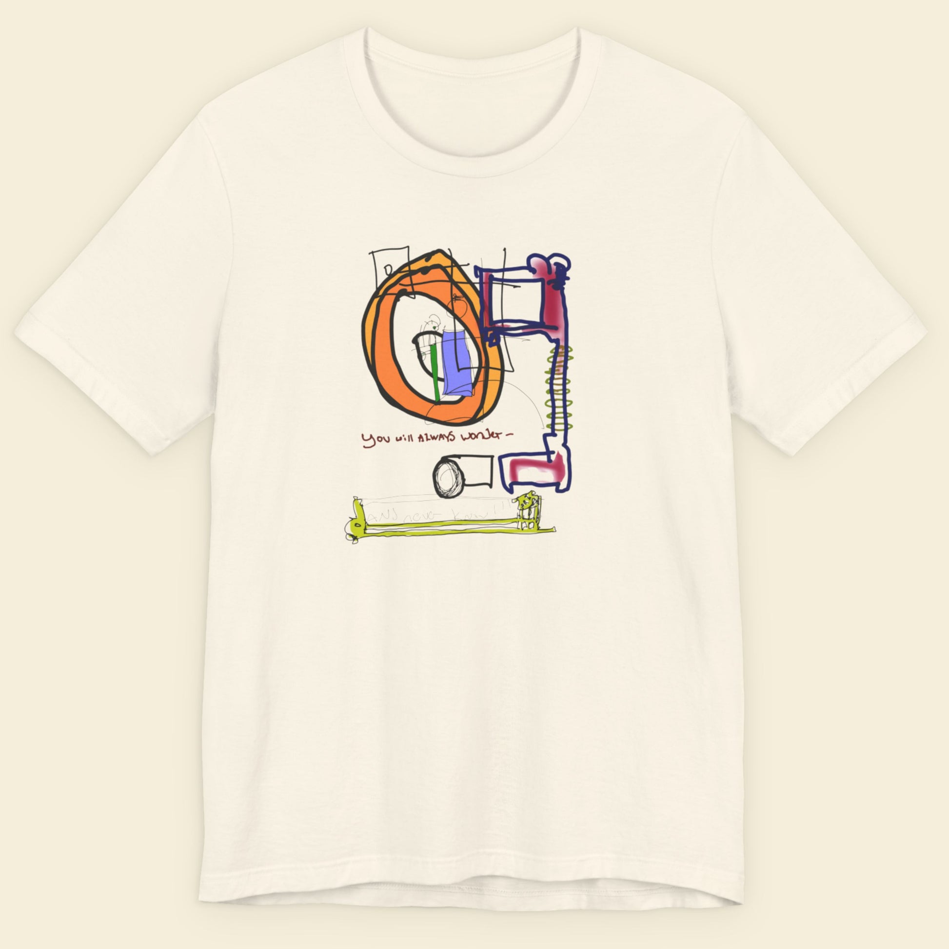 Off-White t-shirt with colorful abstract design on a beige background.