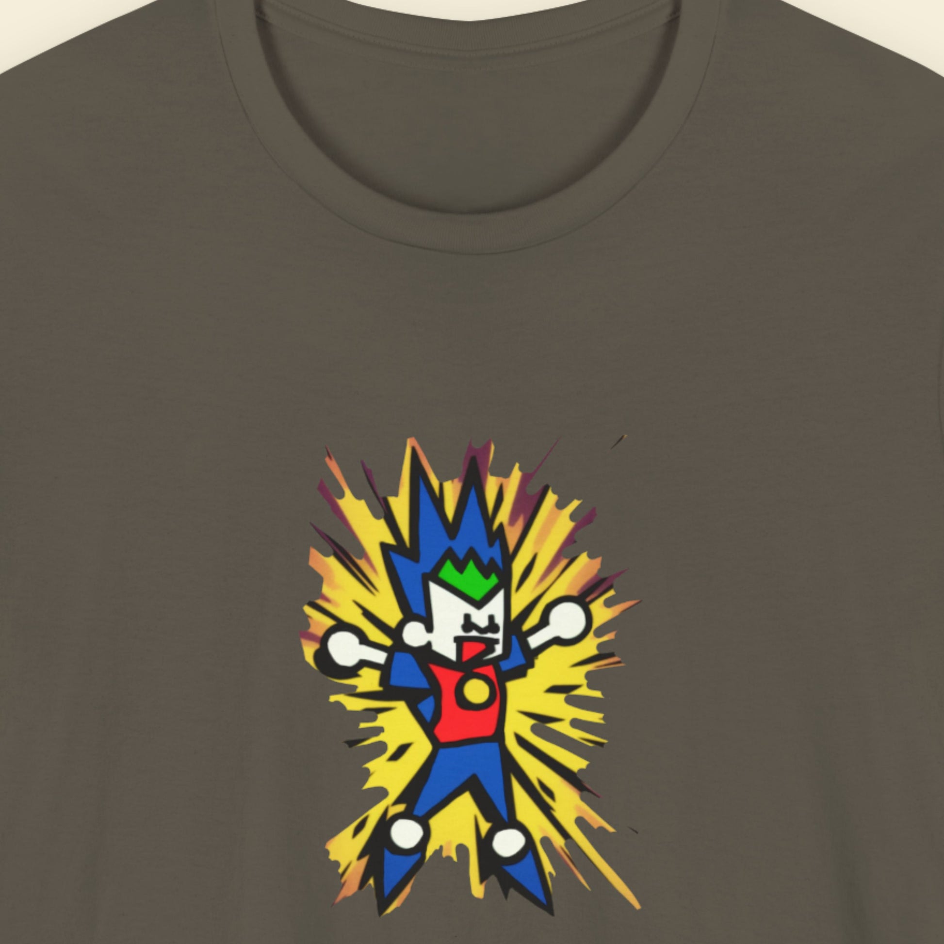 Army green t-shirt with a fun, colorful cartoon illustration on a beige background.