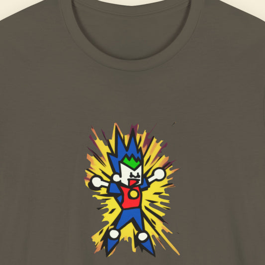 Army green t-shirt with a fun, colorful cartoon illustration on a beige background.