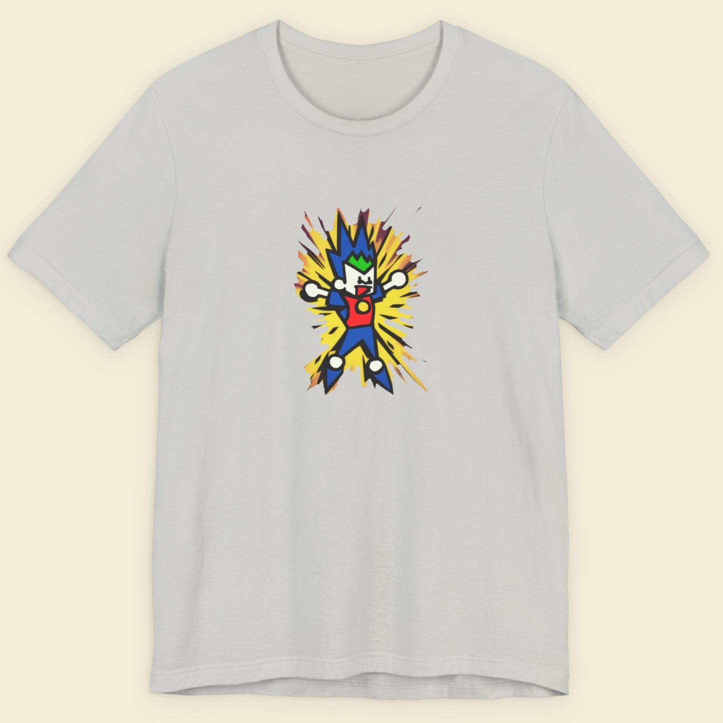 Light grey t-shirt with a fun, colorful cartoon illustration on a beige background.