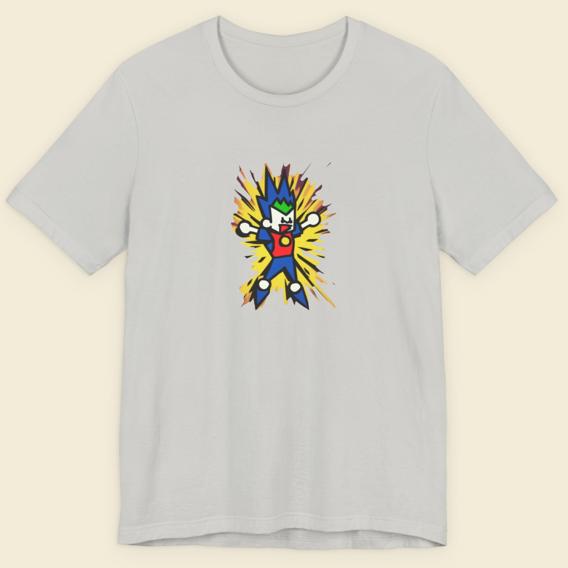Light grey t-shirt with a fun, colorful cartoon illustration on a beige background.