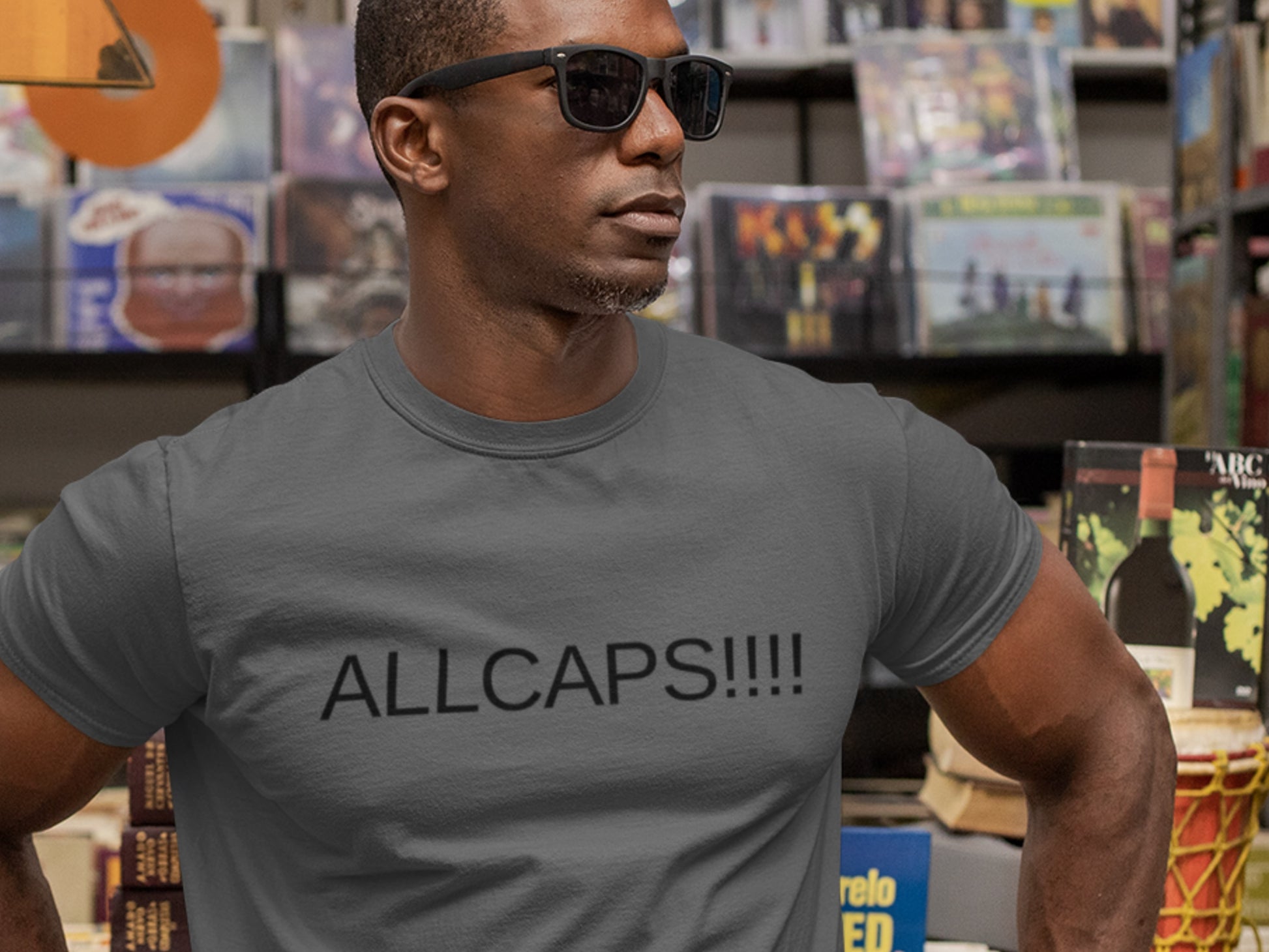 ALLCAPS!!!! Black Text Asphalt T-Shirt.