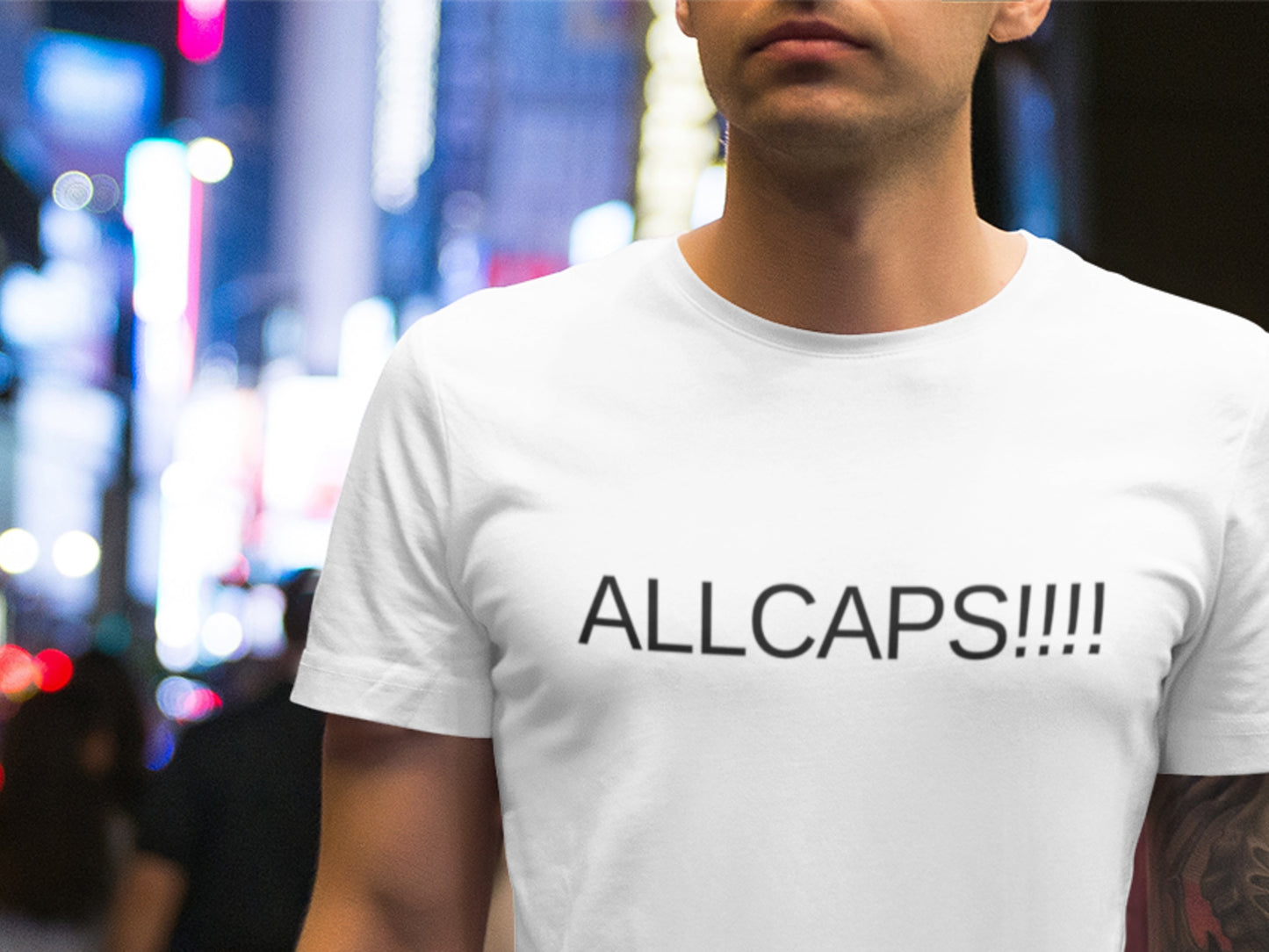 ALLCAPS!!!! Black Text White T-Shirt.