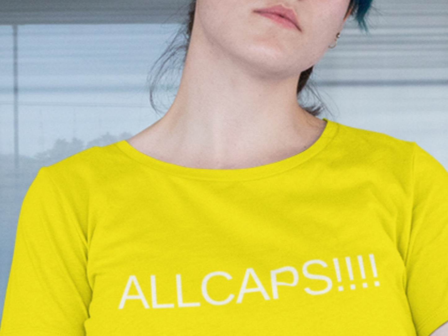 ALLCAPS!!!! White Text Yellow T-Shirt.