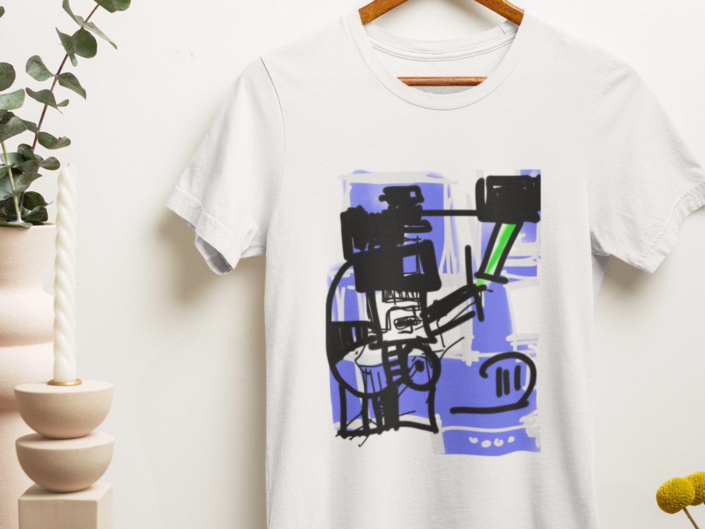 Blue Robot, Green Sword White Styled T-Shirt.