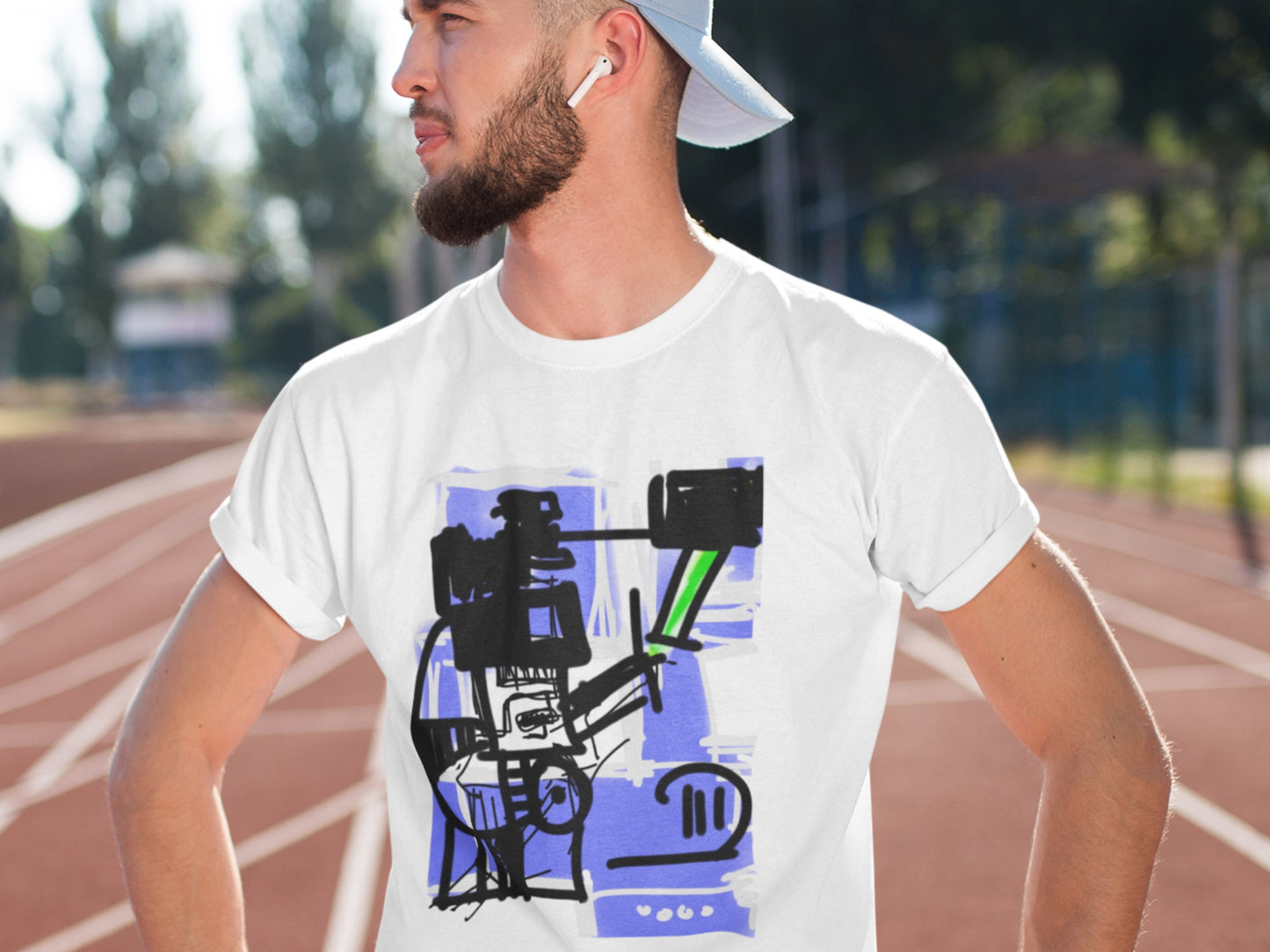 Blue Robot, Green Sword White Style T-Shirt.