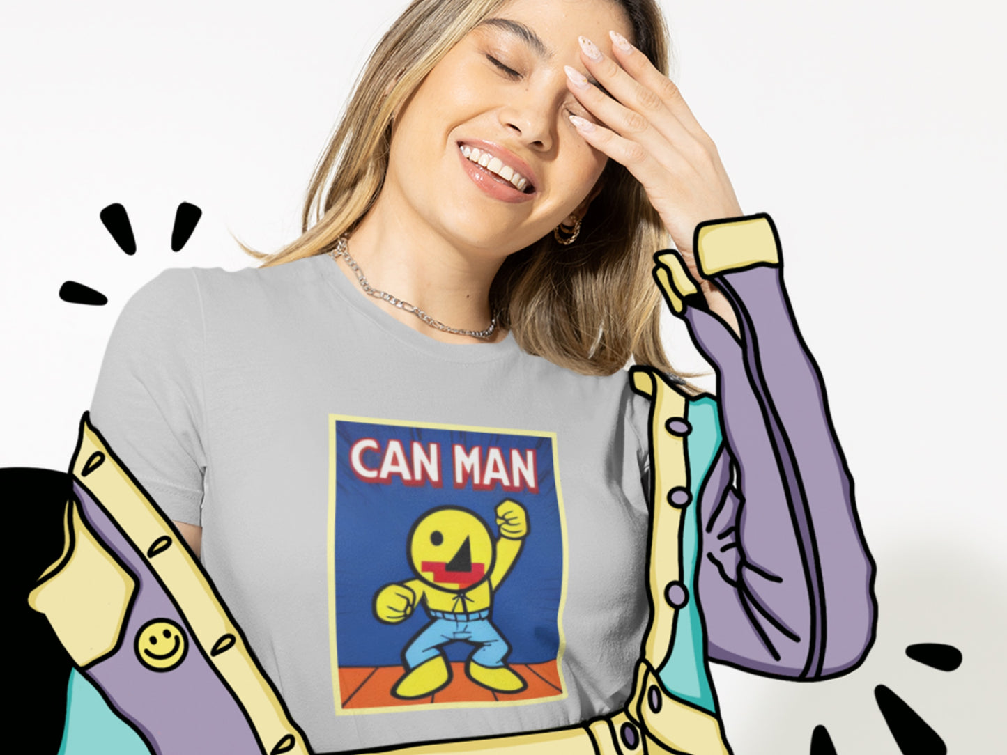 Can Man Pixel Face Silver T-Shirt.