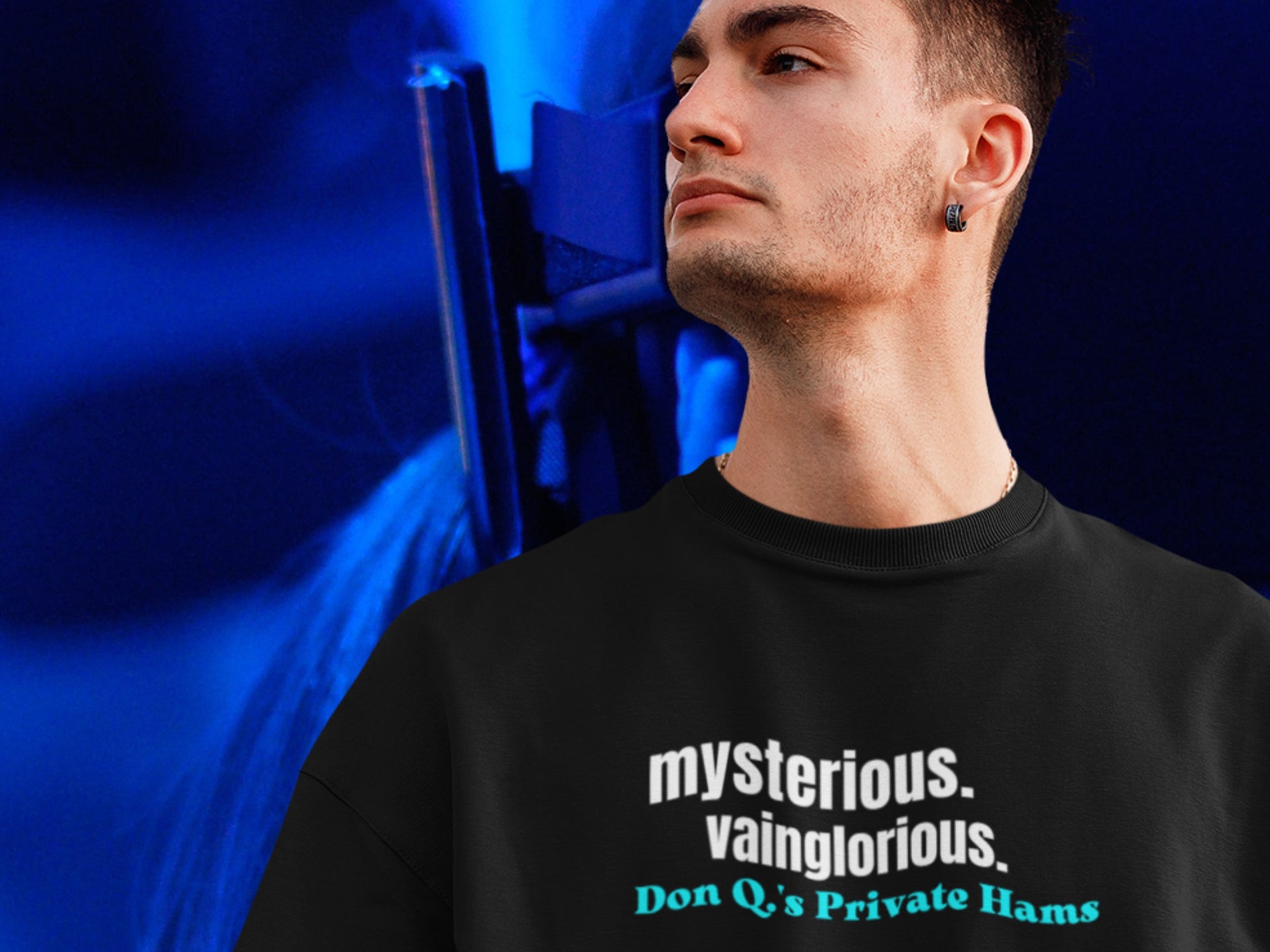 Mysterious, Vainglorious, Don Q.'s Private Hams Brand Name Black T-Shirt.