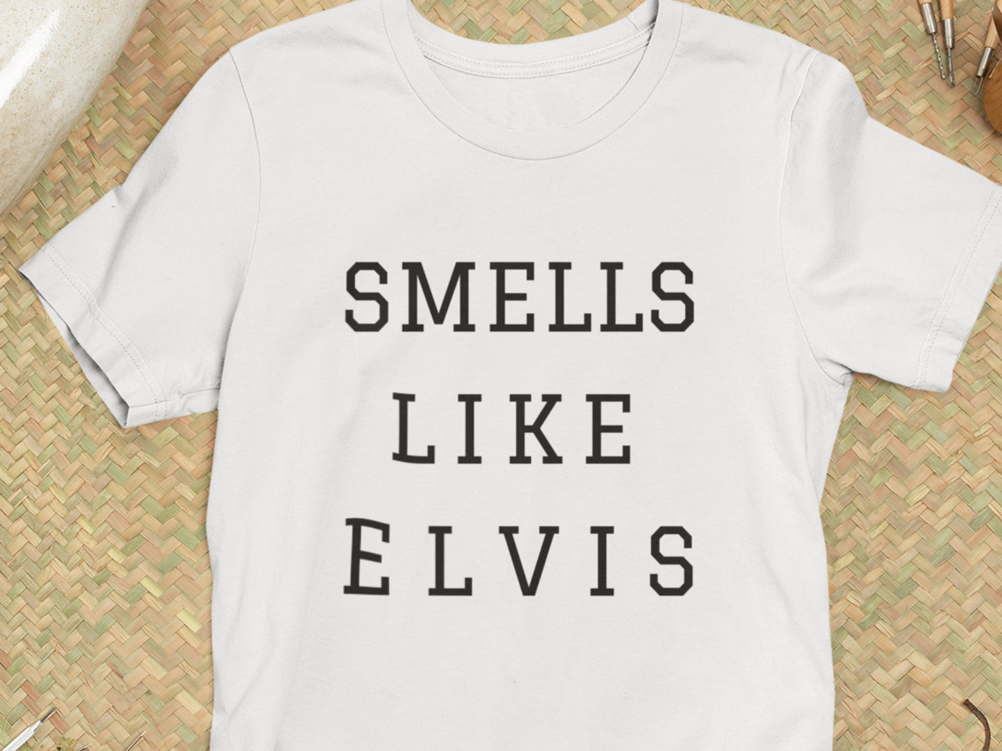 Smells Like Elvis White T-Shirt - Black Text.