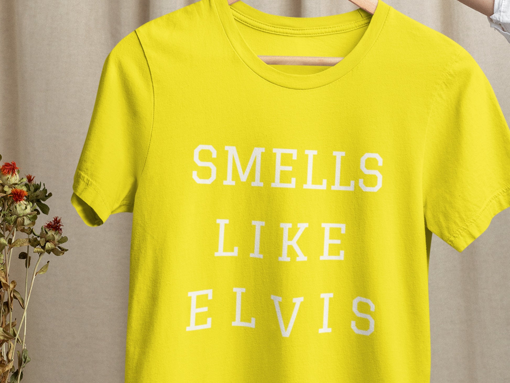 Smells Like Elvis Yellow T-Shirt - White Text.