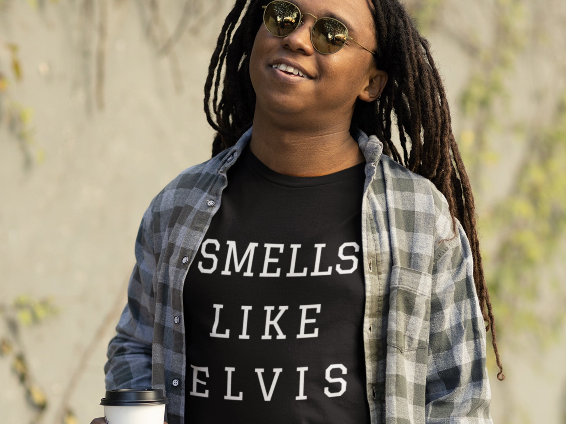 Smells Like Elvis Black T-Shirt - White Text.