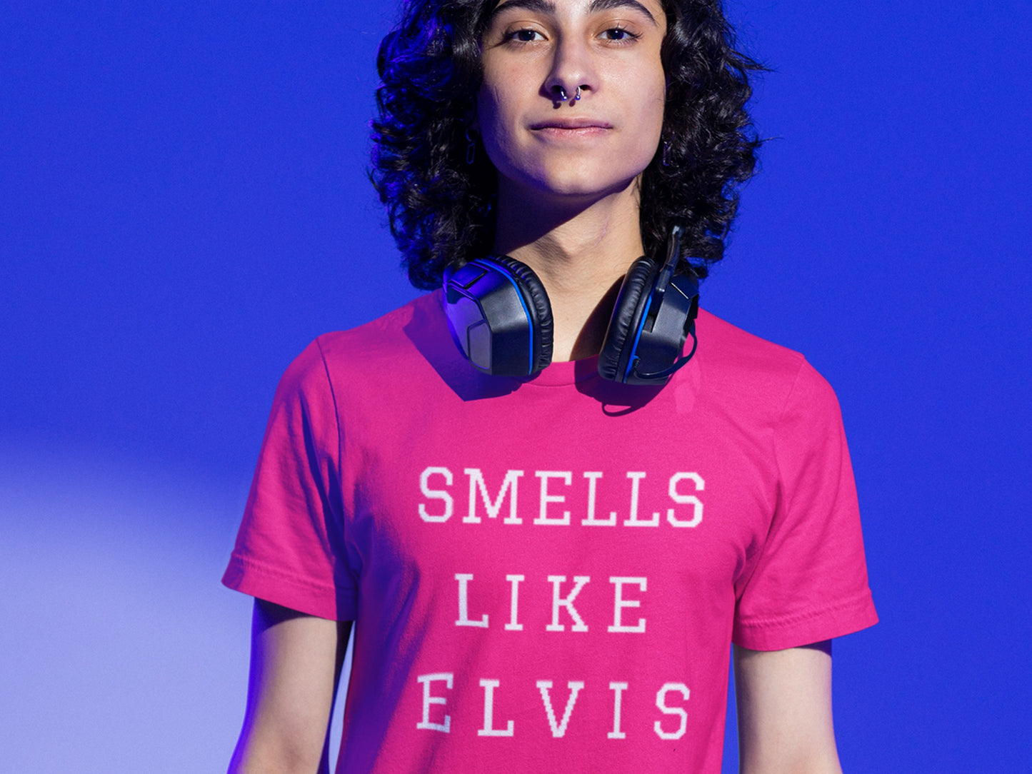 Smells Like Elvis Charity Pink T-Shirt - White Text.