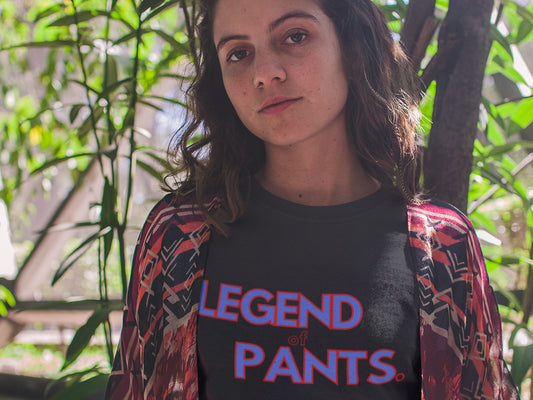 Legend Of Pants Black T-Shirt - Blue Text, Red Outline.