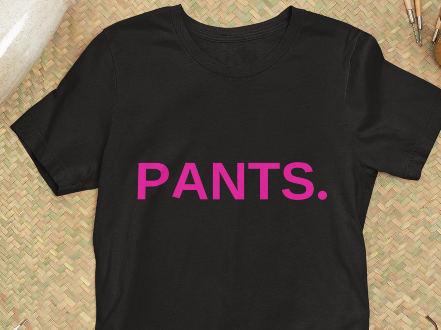 Pants. Pink Text Black T-Shirt.