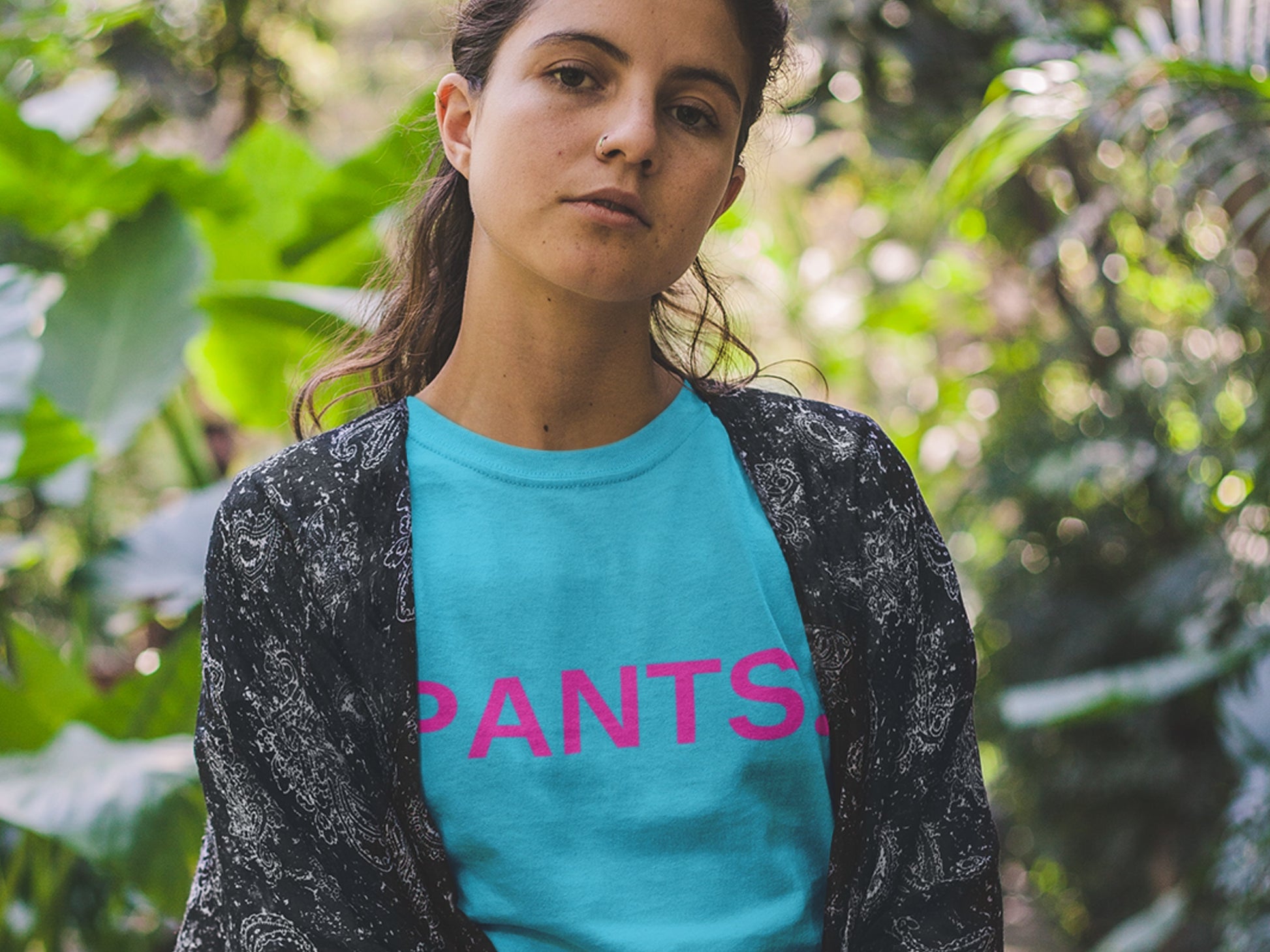 Pants. Pink Text Aqua T-Shirt.