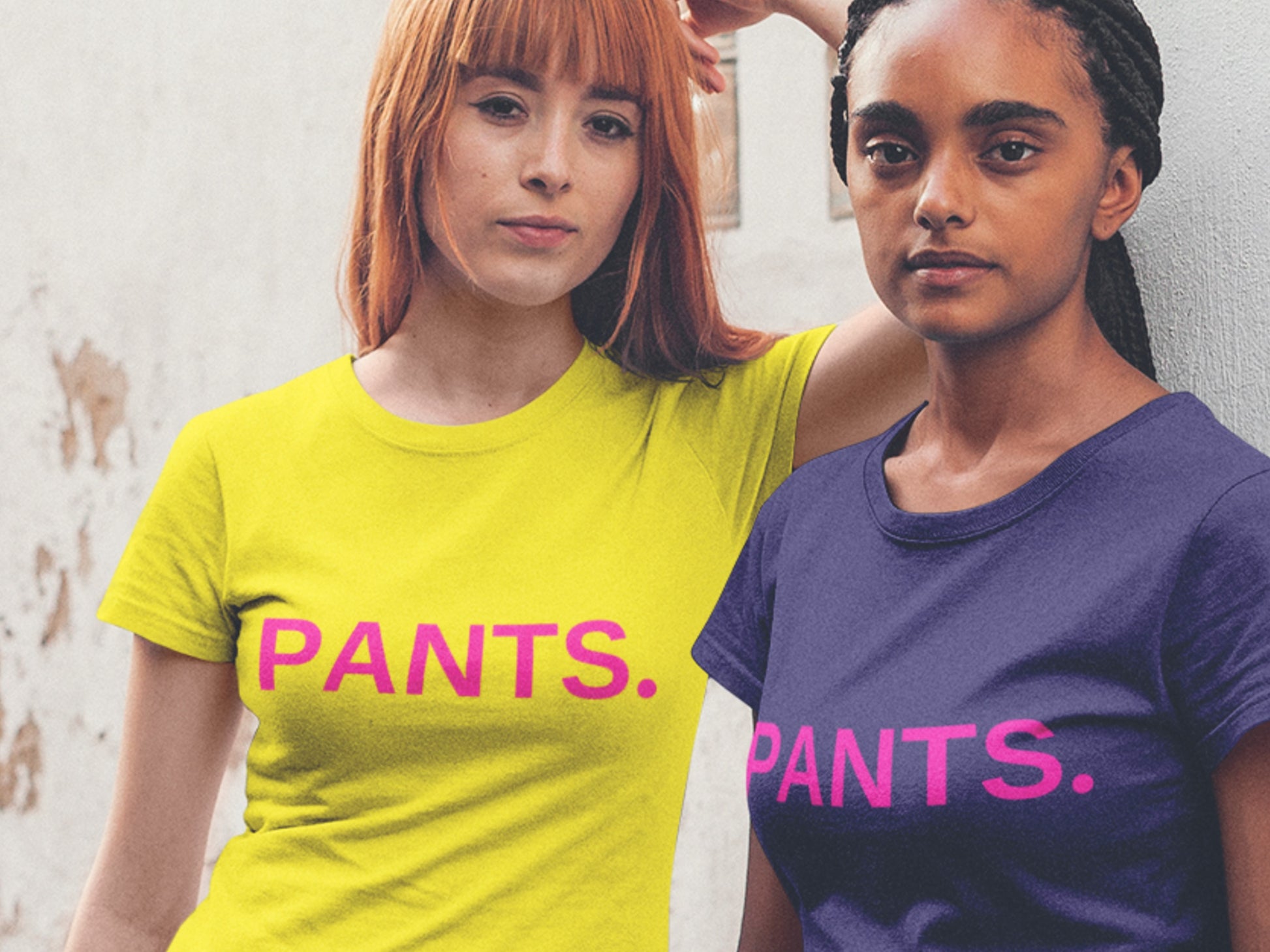 Pants. Pink Text Yellow And Navy T-Shirt.