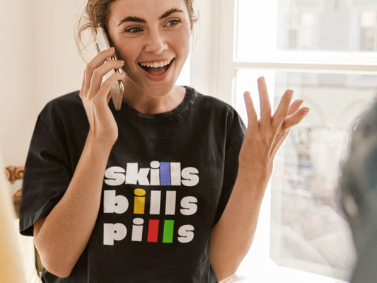 Skills Bills Pills Black T-Shirt.