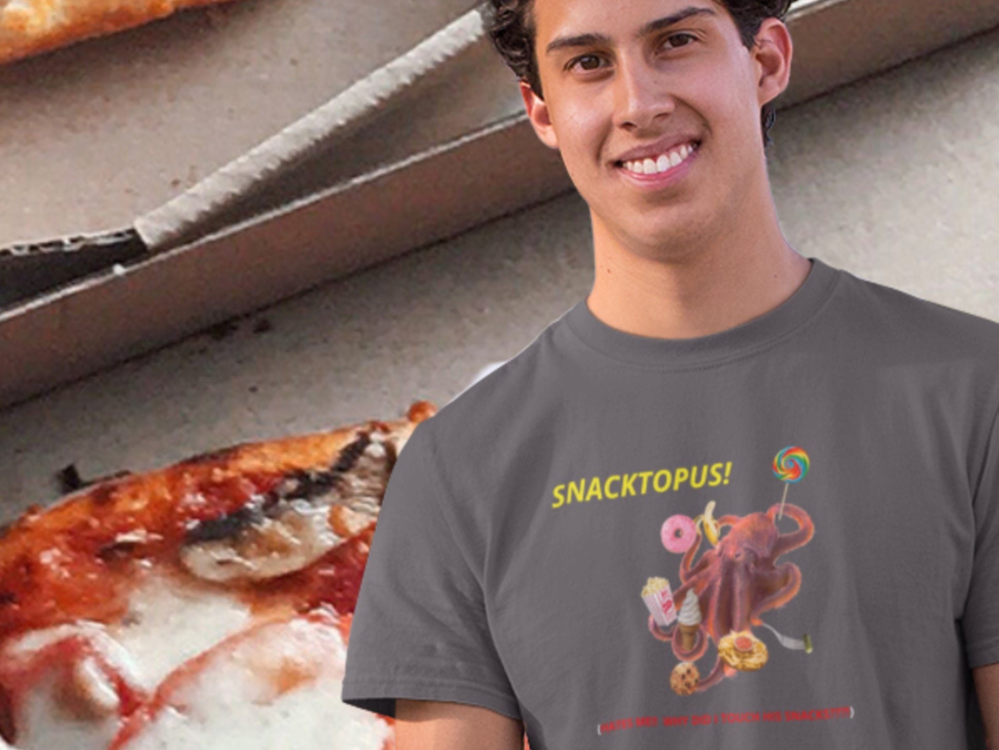 Snacktopus Hates Me! Asphalt T-Shirt.